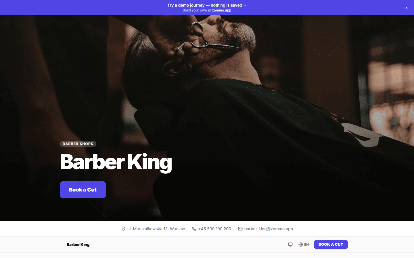 Barber King storefront homepage with hero image and Book a Cut button