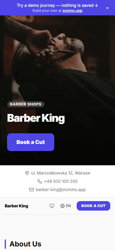 Barber King storefront homepage with hero image and Book a Cut button